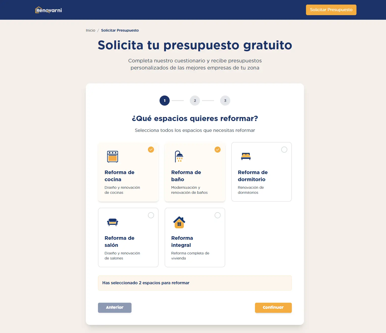 Formulario de cuestionario online para reformas mostrando opciones de cocina, baño y reforma integral
