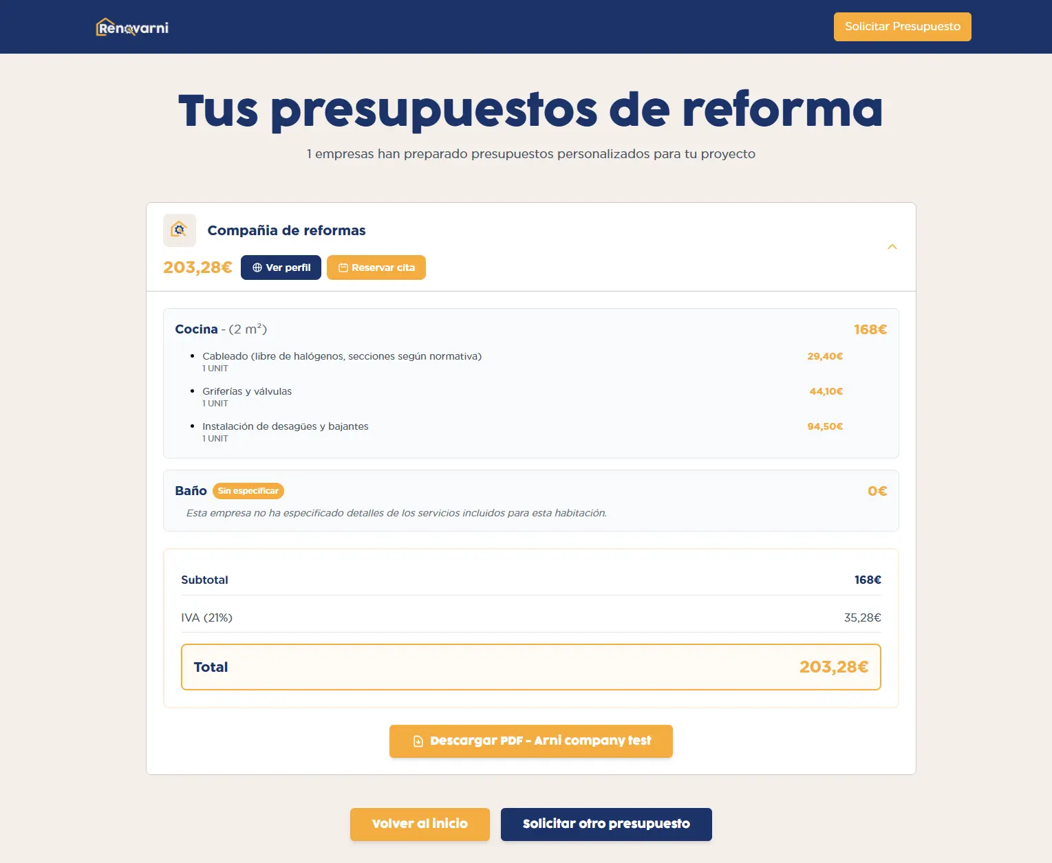 Comparador de presupuestos de empresas de reformas con precios y servicios detallados
